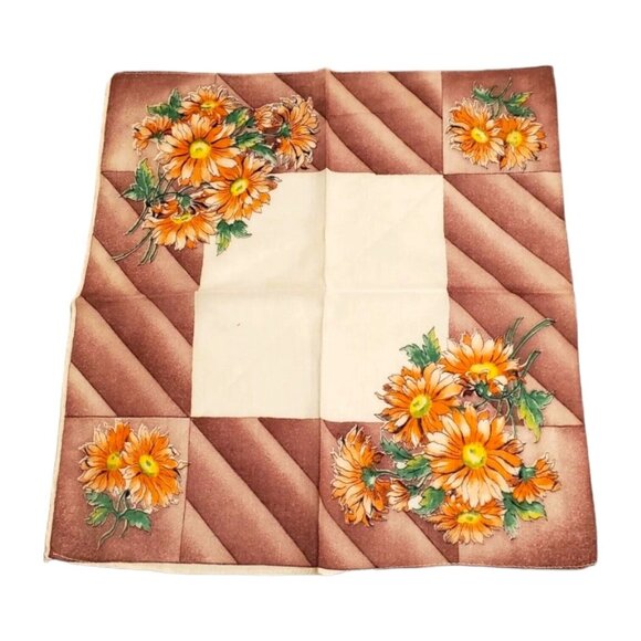 Vtg Floral Handkerchief Orange Daisey Brown Green 11"x12" Retro Fall Colors - Picture 1 of 8